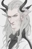 Placeholder: A dnd character portrait, a tiefling man with long hair and two long black horns that curve backwards, white eyes and pale skin. Handsome. Young.