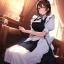 Placeholder: Clear focus, High resolution, girl wearing a maid outfit, medium length dark brown hair, sitting down, angry, wearing a medium skirt