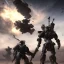 Placeholder: Armored Core fight another Armored Core fly in the sky in the desert with beside the ocean where you can see the space in the sky with twilight on the horizon, 4k resolution