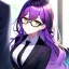 Placeholder: Clear focus, 8k, high quality, detailed, beautiful lighting, girl, vibrant colors, purple long hair, vibrant golden eyes, office clothes, black glasses, messy hair,