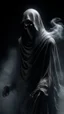 Placeholder: In a mesmerizing and ethereal manner, an otherworldly being emerges in the form of a translucent grey hood ghost. flowing smoky black robes. Forward facing