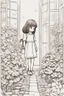 Placeholder: A little girl exploring a garden filled with square-shaped flowers and bushes. Incorporate squares for flower petals, windows, and garden pathways.,very happy , Colloring page for todlliers ; basic hawali style cartoon , black and white , ink outlines , , smooth , anime style , minimalist , cute eyes , full body , white shose , sketchbook , realistic sketch , free lines , on paper , character sheet , clean line art high detailed