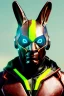 Placeholder: Medium Close Up Portrait, Front image. cyberpunk, rabbit mask helmet, strong man, titanium hair. Latex suit. Brown, yellow, color. Rocketer style. Color background, photo studio. Avatar image, highly detailed, concept art, smooth, unreal engine 5, ray tracing, RTX, lumen lighting, ultra detail, volumetric lighting, 3d, finely drawn, high definition, high resolution.