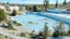 Placeholder: A light palish blue skatepark in the scrublands painted by Edouard Manet