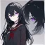 Placeholder: Clear focus, High resolution, rough line sketch art, long black hair, hair between eyes, fluffy hair, purple eyes, wearing a black and red sailor uniform, dark aura, 1girl