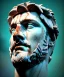 Placeholder: Ultra Realistic image, roman sculpture, marble deluxe material, Lionel Messi, Laurel leaves crown model, miguel angel style, chisel style, wide stripes of light blue and white paint, emperador, waist up portrait, cinematic lighting, God light, god rays, 4k resolution, smooth details, ornate details, soft lighting, unreal engine 5, sky background.