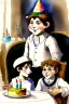 Placeholder: A cute smiling boy dressed black trousers white shirt, wearing a kippah. Boy and lion are sitting at a table with a birthday cake. Watercolour