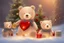 Placeholder: cute teddy bears holding hearts covered in sparkling gold glitter, beautiful winter composition, snowflakes, pine branches, Christmas ornaments and glowing Christmas lights