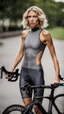Placeholder: photography of a beautiful anorexic woman, grey satin triathlon top, sports illustrated, blond short wavy bob haircut, pronounced sternum, flat chest, anthracite cycling leggins