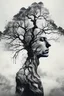 Placeholder: Cover Art. Dark. Ink Water color tree Portrait Dry and cracked skin dry tree double exposure. minimal. Rock music cover Art, . Surreal Art.