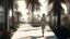 Placeholder: a woman walking down a walkway next to palm trees, a digital rendering by Cedric Seaut (Keos Masons), cg society contest winner, photorealism, vray tracing, vray, daz3d