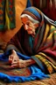 Placeholder: Elderly Berber woman, detailed, hyper realistic, an aura of grace and wisdom, weaving a colorful Moroccan rug, her fingers working deftly against a backdrop of a rustic Berber house.