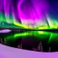 Placeholder: high-quality, fine-detail photography of beautiful, stunning, winter forest surrounding large reflective lake with vibrant, colorful northern lights filling sky, Norway, Iceland