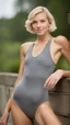 Placeholder: anorexic beautiful girl, age 21, total shot, short silver triathlon swimsuit, blonde wavy bob haircut, blurred background