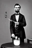 Placeholder: Abraham Lincoln removing the top from a small glass vial containing water he holds in his other hand vintage photography, beautiful, Tumblr aesthetic, retro vintage style, HD photography, hyperrealism