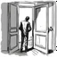 Placeholder: sketch, a man in middle of a door, worried, looking