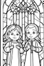 Placeholder: kids coloring page, stained glass church windows, cartoon style, thick lines, low detail, no shading