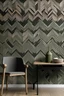 Placeholder: Create handpainted wall mural with geometric chevrons infused with Warli elements. Use contemporary and chic colors like charcoal gray, muted olive green, and blush pink for a modern interpretation."