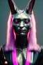 Placeholder: Medium Close Up Portrait, Front image. cyberpunk, rabbit mask, Japanese woman, pink long hair. latex, glossy suit. Pink, black, white, color. Mad max style. Color background, photo studio. Avatar image, highly detailed, concept art, smooth, unreal engine 5, god rays, ray tracing, RTX, lumen lighting, ultra detail, volumetric lighting, 3d, finely drawn, high definition, high resolution.