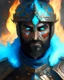 Placeholder: An iranian commander with flaming eyes with flaming light blue pupils with stubble An armor made of a mixture of steel and leather, worn by a strong commander with magical power stands atop a squire