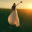 Placeholder: woman, blonde, flower field, sunset, back view, plain long light brown dress, windy, flower in hand