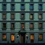 Placeholder: Animated representation of the mysterious facade of a European building. The scene begins before dawn with minimal lighting. The view is flat and frontal. Only 5 windows are illuminated. mysterious atmosphere, dark and muted colors. In the style of the Wes Anderson film The Grand Hotel in Budapest. Wes Anderson illustration style and colors poster