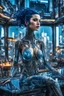 Placeholder: A beautyful transparent glass body biomechanical woman with black-blue hair, sitting in the cyberpunk rooftop bar in futuristic city, intricate details, HDR, beautifully shot, hyperrealistic, sharp focus, 64 megapixels, perfect composition, high contrast, cinematic