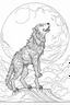 Placeholder: A werewolf howling at the moon while standing in a misty graveyard. Outline, sketch style, only use outline, mandala style, clean line art, white background, no shadows, no clear wall, coloring page.