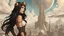 Placeholder: exotic sci-fi steampunk pin-up girl, with long dark hair, on a sci-fi planet with cloud trees, tall spires, buildings, bridges, arches