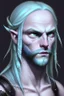 Placeholder: A tieffelin with blue skin and white Dreadlock hair. His pupil-less eyes are green. He wears a small beard. His horns are black and curved backwards. He wears a beige tunic.