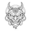 Placeholder: White, minimalis line art , oni mask japanes funny , vector, white background, outline, with images neatly contained within the background, just black and white color, tatto style.