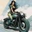 Placeholder: create a highly ethereal, darkly magical full body illustration of a dark haired girl on her motorcycle, with highly detailed and deeply cut facial features, in the style of KATHE KOLLWITZ combined with the comic art style of BILL SIENKIEWICZ and JEAN GIRAUD MOEBIUS, searing lines and forceful strokes, precisely drawn, inked, and darkly colored