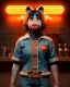 Placeholder: Waist up portrait, hybrid character, waitress British woman with classic muppet mask that covers her entire head and face, Sesame Street style, punk style, short shirt, tray, beer, old school tattoo, hot, smooth, unreal engine 5, god lights, ray tracing, neon, RTX, lumen lighting, ultra detail, volumetric lighting, 3d.