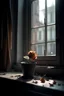 Placeholder: Dead flower in pot, sitting on windowsill, petals falling off, looking straight on, light coming from window behind the flower, hd, realism, hdr, 4k, leica, fujifilm, dslr, cinematic