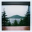Placeholder: A polaroid photo of an odd room. There is a group of fir trees in the background and a high hill in the distance. A lake. The surface below is in a pastel color. Fog is present.