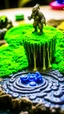 Placeholder: macro of a board game with a small spiral staircase that ends in a wild waterfall, fujifilm, behind a huge orc hand opens like a storm