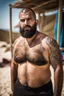 Placeholder: photography of a tired chubby hairy burly 35 years old ugly arab carpenter, big nose, tattoo, short beard, shaved hair, manly chest, angry eyes, open legs , on the beach in the sun, big shoulders, big tights, side light, ground view angle