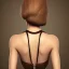 Placeholder: Woman with crook, back view, black trousers, render background, brown hair