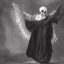 Placeholder: a dark priest with a skull head in s hooded robe with wings