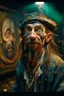 Placeholder: portrait of crazy pirate artist in front of insane painting, 4 k, down light, depth of field, trending on art station, high detail, cracked ground