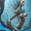 Placeholder: sango fantasy, fantasy magic, intricate, sharp focus, illustration, highly detailed, digital painting, concept art, matte, artgerm and paul lewin and kehinde wiley, masterpiece sexy lips African lady fish body mermaid turquoise space lady beach sea under water mermaid seaweed