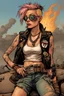 Placeholder: With an irresistible grin that dared the world to challenge her audacity, Tank Girl's eyes sparkled with a mischievous fire. They held a depth of knowledge and experience, as if they had witnessed a lifetime of adventures in this unforgiving landscape. Her attire was a testament to her eclectic allure—she wore a leather jacket adorned with patches, the badges of her rebellious journey, and neon leggings that accentuated her lithe form. Every piece of clothing was a statement, a declaration of h