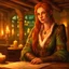 Placeholder: portrait of a Tabaxi female bard in D&D style, white fur with black and orange spots, long auburn hair cascading over shoulders, green eyes gazing seductively, feline facial features, stance conveying allure, intricate costume design, fantasy tavern background, patrons and wood-beamed ceilings slightly out of focus, candlelight casting a warm glow, ultra realistic, highly detailed, dramatic lighting, facing front