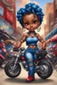 Placeholder: airbrush illustration of the chibi cartoon character, a voluptuous black female in a blue jean outfit with biker boots. Her prominent makeup and hazel eyes, along with her detailed red bantu knots, are featured in this image, set against the background of a lively bike show.
