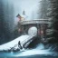 Placeholder: fantasy art, book illustration, closeup on horse, stairs of a bridge to old mill ,icy water, on the bridge is a wolf,seen from the tree tops