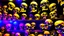 Placeholder: hundreds of non-anatomically correct, dark comic art, graphic novel,human skulls stacked into a wall unusual neon lighting, high velocity, 64k, dystopian, vray, a picture of a dark, comedic, anatomically correct wall of colorful tightly packed skulls of varying sizes and expressions, photo realistic, insanely meticulous, highly detailed, part of a collection of bones on display, 64k, dystopian, vray , ALL DRAWN IN THIN LINES OF NEON LIGHT AND COLORS