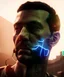 Placeholder: Ultra realistic photographic night portrait, long shot view, cinematic, naked, young, face shaved, led lights <strong man> <hanging wires> many wires connected to the head <perfect pupil> <cyborg> <garage> <sci-fi futuristic> <thriller>, fog, soft color, highly detailed, unreal engine 5, ray tracing, RTX, lumen lighting, ultra detail, volumetric lighting, high definition.