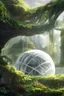 Placeholder: white futuristic mage house covered in plants, hanging vines, floating inside an enormous spherical chamber, cinematic, epic, dramatic lighting, cinematic view, epic sky, detailed, concept art, low angle, high detail, warm lighting, volumetric, godrays, vivid, beautiful, trending on artstation, by jordan grimmer, huge scene, grass, art greg rutkowski