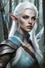 Placeholder: generate a dungeons and dragons character portrait of a female ranger wood elf. She has pale skin, icy white hair and piercing light blue eyes. She is wielding a powerful bow while in the forest.