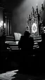 Placeholder: The phantom of the opera playing the organ all picture in black and white, Only the Organ is in colors